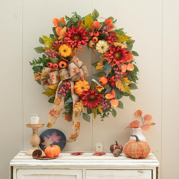 Fall Wreaths for Front Door 24 Inch Autumn Wreath Rustic Fall Decor | Autumn Wreath with Artificial Pomegranates, Sunflowers and Berries Fall Door Wreath for Outdoor or Indoor Use Autumn Wreaths7