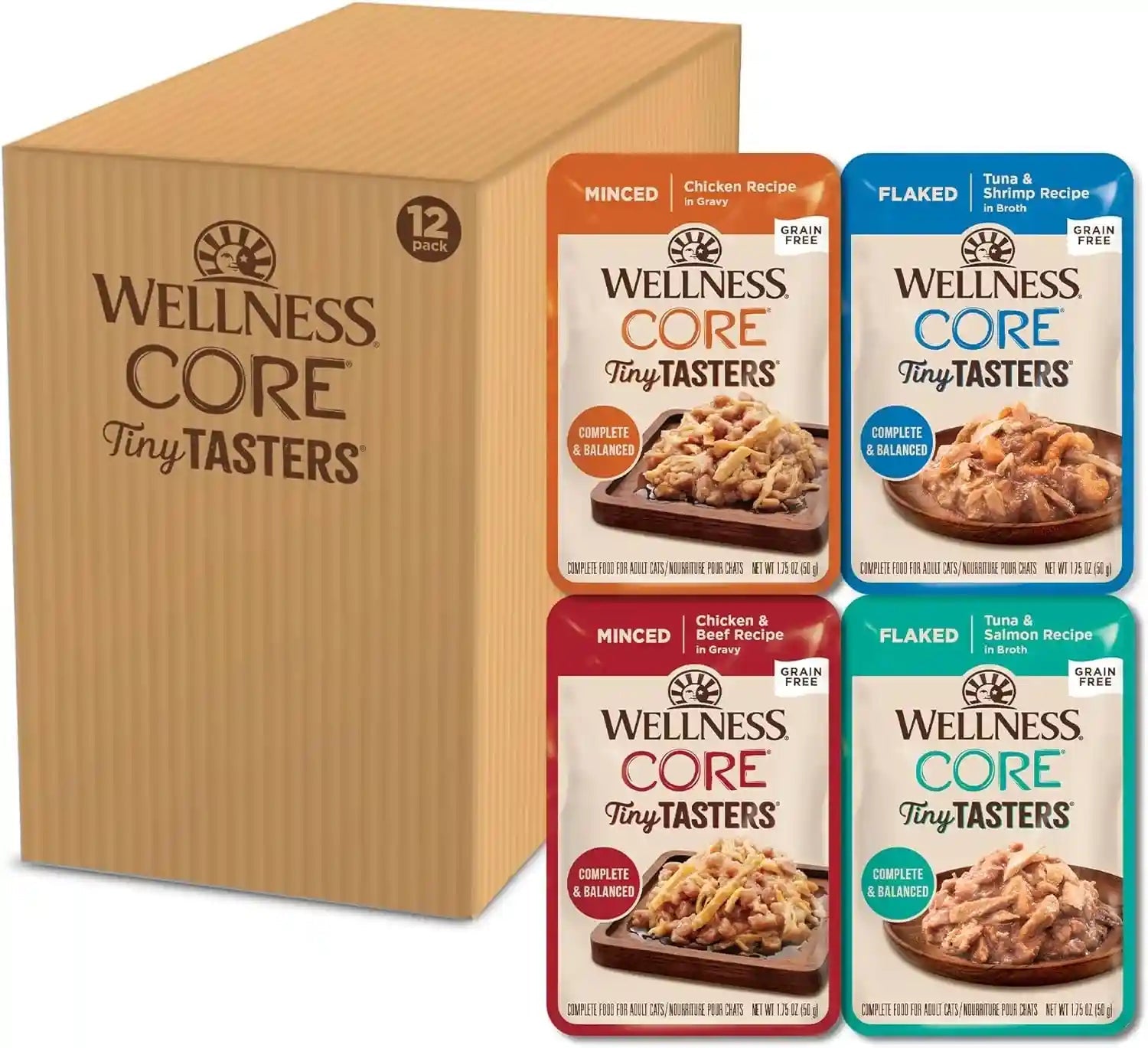 wellness-core-tiny-tasters-pate-variety-pack-adult-wet-cat-food-natural-protein-rich-grain-free-land-recipes-1-75-oz-pack-of-12-pouches