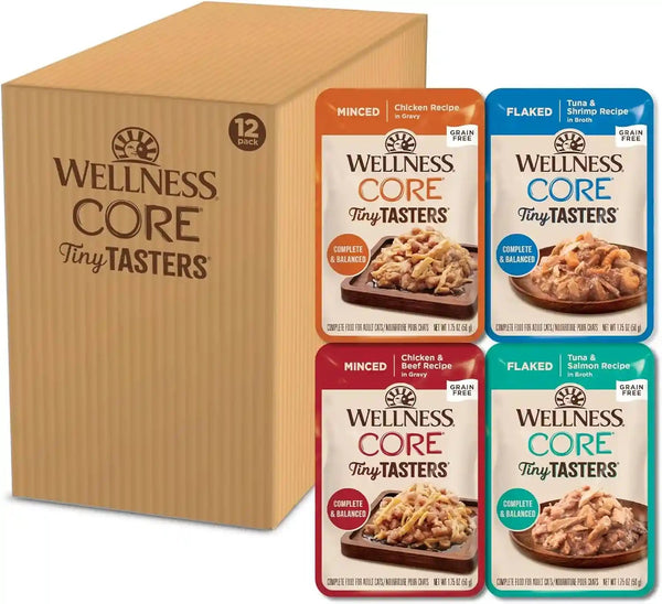 Wellness CORE Tiny Tasters Pate Variety Pack Adult Wet Cat Food, Natural, Protein Rich, Grain Free, Land Recipes, 1.75 Oz, Pack of 12 Pouches10
