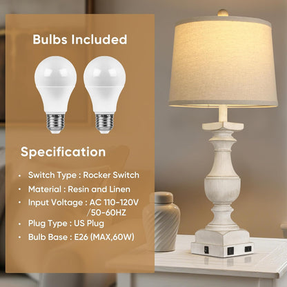 28'' Washed White Resin Table Lamp Set of 2,Beside Lamp with USB Port | Rocker Switch, 2 Bulbs Included, 6W, 2700K Warm Light, Farmhouse Bedside Lamp for Nightstand, Desk, Livingroom, Bedroom Decor3