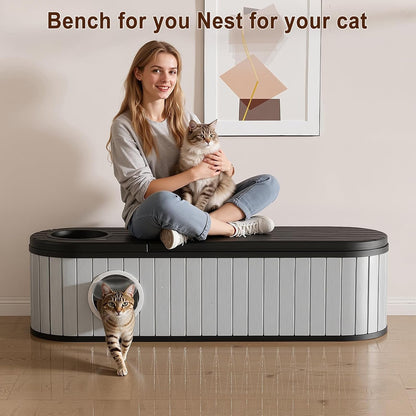 Cat Litter Box Enclosure for Multi-Cat Homes, Hidden Litter Box Furniture for Indoor, Kitty Cabinet with Bench, Easy to Clean, Versatile Design7