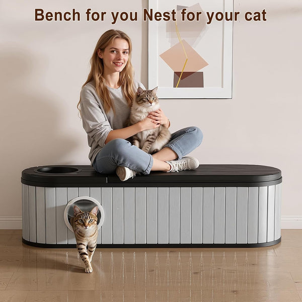 Cat Litter Box Enclosure for Multi-Cat Homes, Hidden Litter Box Furniture for Indoor, Kitty Cabinet with Bench, Easy to Clean, Versatile Design7