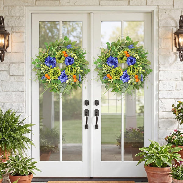 Spring Wreaths for Front Door 24 Inch Artificial Rose Wreath with Rose & Eucalyptus Leaf Orange Berry Accents,Summer Wreath for Home Wall Porch Window Easter Year-Round Indoor/Outdoor Decor6