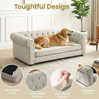 Elevated XL Large Dog Sofa with Backrest and Armrests, 55" Button Tufted Dog Couch Bed with Soft Cushion for Large Dogs, Stylish Lounging Bed Pet Couch Chair, 120Lbs Weight Capacity, Beige4