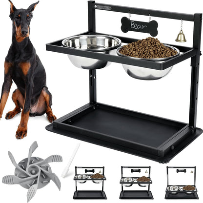 Elevated Dog Bowls with Slow Feeder for Large Dogs – Adjustable Raised Stand with 2 Stainless Steel Bowls & Spill-Proof Mat, Non-Slip Dog Feeder for Large & Medium Dogs (Black)9