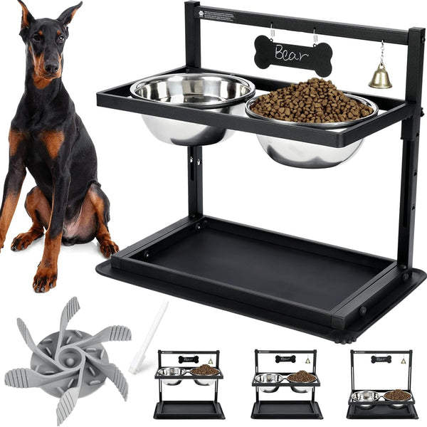 Elevated Dog Bowls with Slow Feeder for Large Dogs – Adjustable Raised Stand with 2 Stainless Steel Bowls & Spill-Proof Mat, Non-Slip Dog Feeder for Large & Medium Dogs (Black)9