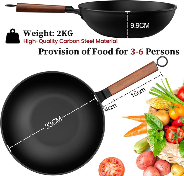 Carbon Steel Wok, 13-Inch, Pre-Seasoned, Non-Stick, with Lid and Spatula, Flat Bottom, Ideal for Stovetop Cooking3