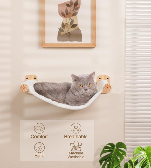 Cat Wall Hammock, Dual-Sided Cat Wall Bed with Canvas & Plush Fabric for All Seasons, Wall Mounted Shelf for Large Cats, Modern Perches for Lounging & Napping2