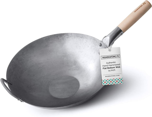 Flat Bottom Carbon Steel Wok Pan - Authentic Hand Hammered Woks and Stir Fry Pans - 14" Pow Wok1