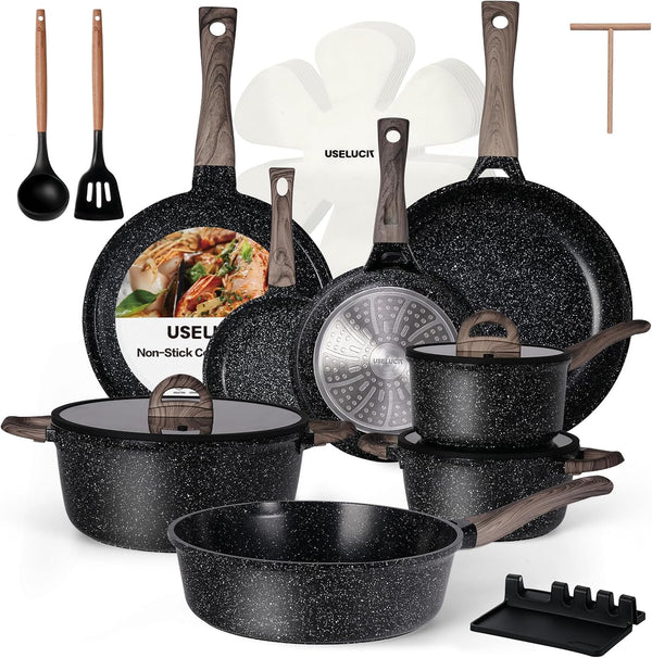 Pots and Pans Set Non Stick Non-Toxic 22 Pcs Ceramic Cookware Sets Nonstick Kitchen Pot&Pan with Lid Black Granite Induction Compatible with Glass Lids Crepe Frying Pan Pfoa/Pfos-Free1