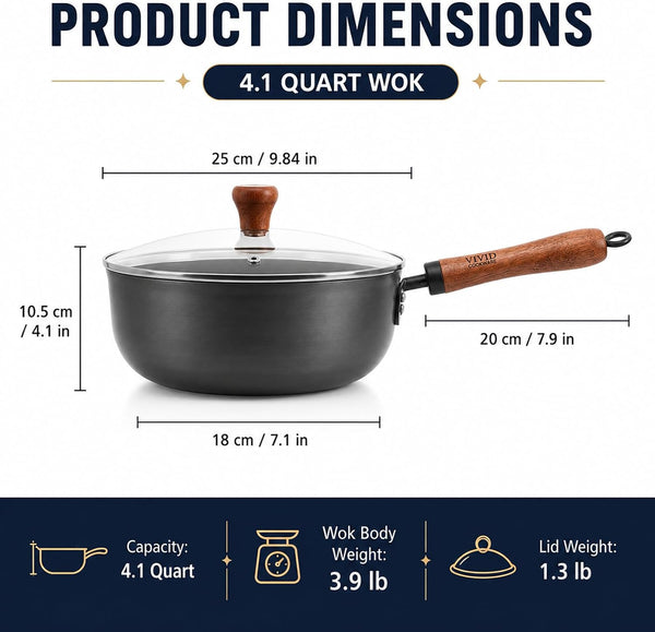 4 Qt Nitrided Carbon Steel Deep Wok with Lid, Flat Bottom | Deep 4 Qt Nitrided Steel for Braising, Soups, Noodles and One-Pot Meals; Wooden Handle; Gas, Electric and Induction Ready.7