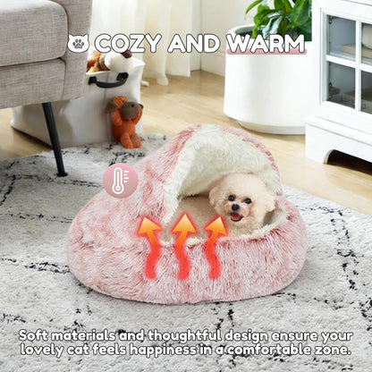 SUOXU Anti-Anxiety Cat Bed, Plush Hooded Cave, 20 in Diameter, Suitable for Small to Medium Pets, Pink7