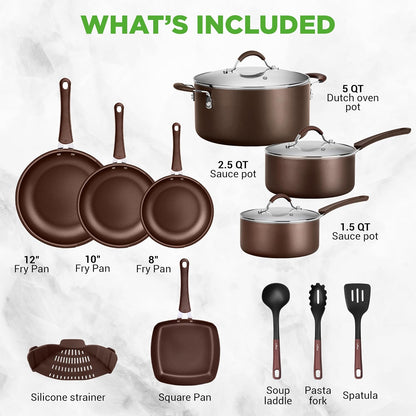 14-Piece Nonstick Brown Cookware Set - Scratch-Resistant Kitchen Pots and Pans with Lids & Utensils, for All Cooktops - NCCW14SBR6