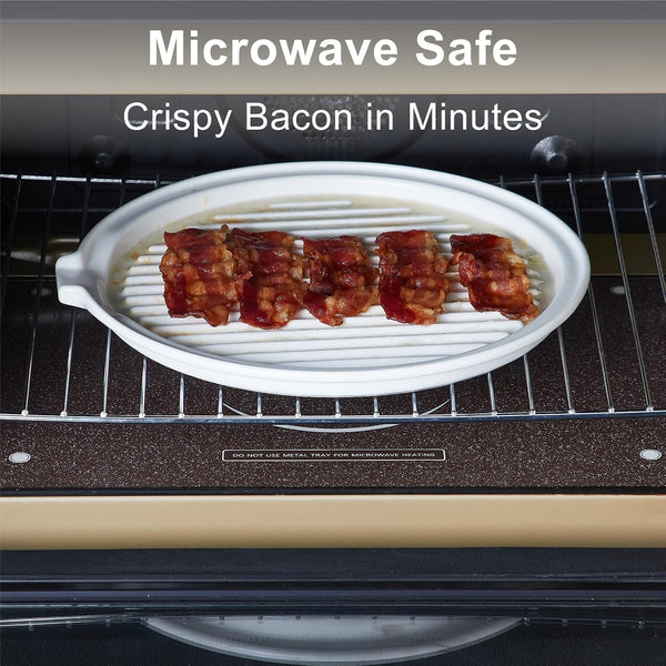Microwave Bacon Tray with Lid Ceramic Bacon Cooker Meat Rack for Oven Cooking Crispy Bacon Maker with Cover - 11 Inch round Bacon Dish Plate, White3