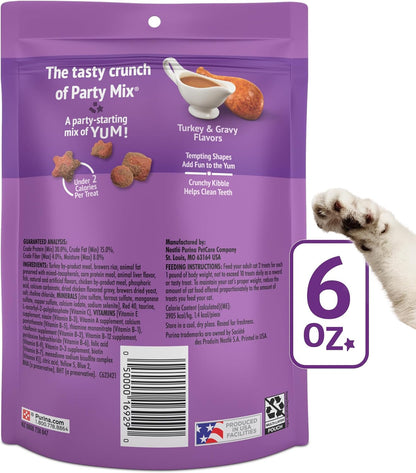 Purina Friskies Cat Treats, Party Mix Gravy-Licious Crunch Turkey and Gravy Flavors - (Pack of 6) 6 Oz. Pouches7