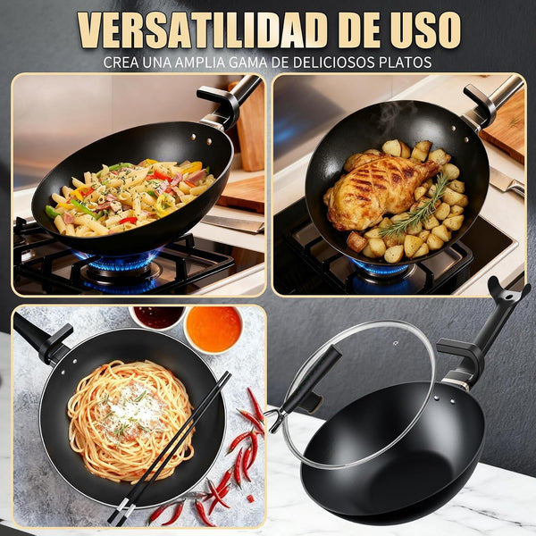 Carbon Steel Wok Pan, Non-Stick Sauté Pan Nitriding Process,13 Inch Woks & Stir-Fry Pans Nonstick with Ergonomic Handle, Cookware, Pots and Pans,Versatile Bottom Chinese Woks for All Stoves5