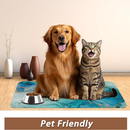 Marble Dog Cat Food Mat,Blue Teal Turquoise Gold Absorbent Pet Feeding Mat with Rubber Backing,Non-Slip Water Bowl Placemat,Indoor Pet Accessories Supplies 12"X20"6