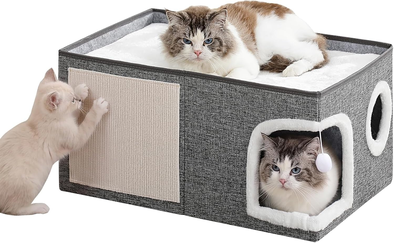cat-beds-for-indoor-cats-large-cat-cave-house-with-scratch-pad-and-fluffy-ball-foldable-cat-condo-hideaway-modern-kitten-bed-grey