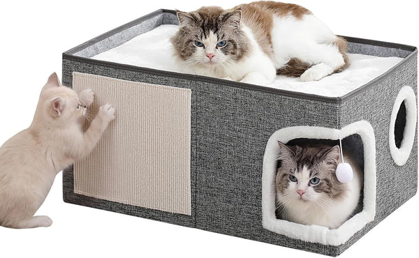 Cat Beds for Indoor Cats,Large Cat Cave House with Scratch Pad and Fluffy Ball,Foldable Cat Condo Hideaway, Modern Kitten Bed, Grey8
