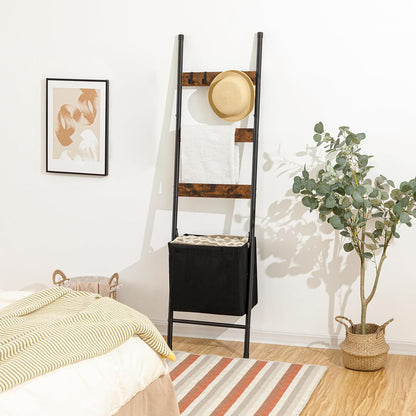 Blanket Ladder with Basket, 17.3”L X 63.4”H, Towel Rack with Hooks, Blanket Holder Rack, Decorative Ladder Shelf, Drying and Display Rack for Bathroom, Living Room, Rustic Brown BF31CJ014