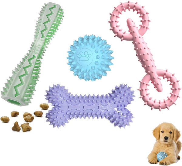 4-Pack Puppy Teething Toys Chew Toys for 0-6 Month Puppies,Blue | Small Medium Dogs Durable Interactive Food Dispensing Bone Ball Donut Dog Boy8