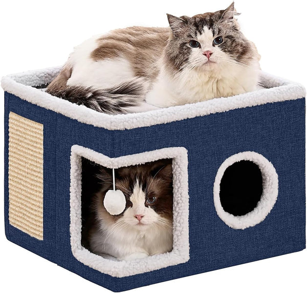 Large Cat Houses for Indoor Cats with Fluffy Ball and Scratch Pad | Foldable Cat Bed Cave for Multiple Pets, Kitten Bed for All Seasons, Non-Slip, Hold up to 30LBS, 16X16X13Inch, Grey10