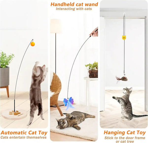 JXFUKAL Interactive Cat Toy, Automatic Cat Wand Toy with Stable Wooden Base, 2 PCS Detachable Cat Teaser, 5PCS Refills Replacement & Hanging Elastic String, Kitty Kitten Toys Feather Spring Bird Toy4