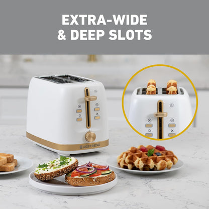 Timeless 2-Slice Toaster with 7 Browning Levels, Bagel/Waffle/Defrost Settings, High-Lift Lever, Anti-Jam, Easy-Clean Crumb Tray, 2-Slice, White/Gold3