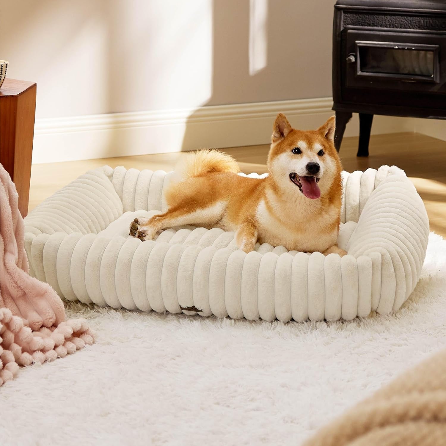 bedsure-comfyfleece™-cute-dog-bed-for-small-medium-dogs-washable-25in-cream-furry-puppy-beds-square-rectangle-orthopedic-corduroy-aesthetic-pet-beds-removable-zipper-cover-non-slip-bottom-up-to-15-lbs