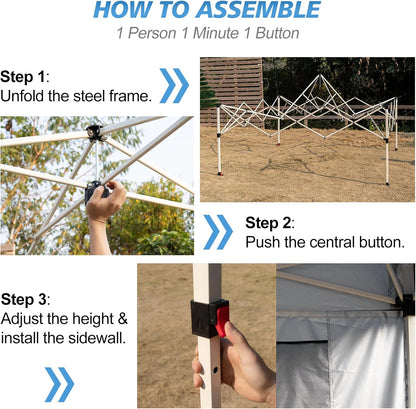 10X10 Pop up Canopy Tent, 1-Button Push Setup Canopy Tent with 1 Sidewall, Adjustable Height Instant Portable Shelter,Portable Roller Bag, Easy Outdoor Sun Shade for Events,4 Weight Bags,Blue5