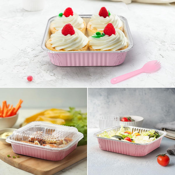 (35 Pack)Pink 8X8 Inch Disposable Aluminum Foil Pans&Square Cake Pans for Parties, Clear Plastic Lids,Eco-Friendly Baking Trays with Stickers&Cake Spoons,Picnics,Casseroles,Takeout,Recyclable Cookware6