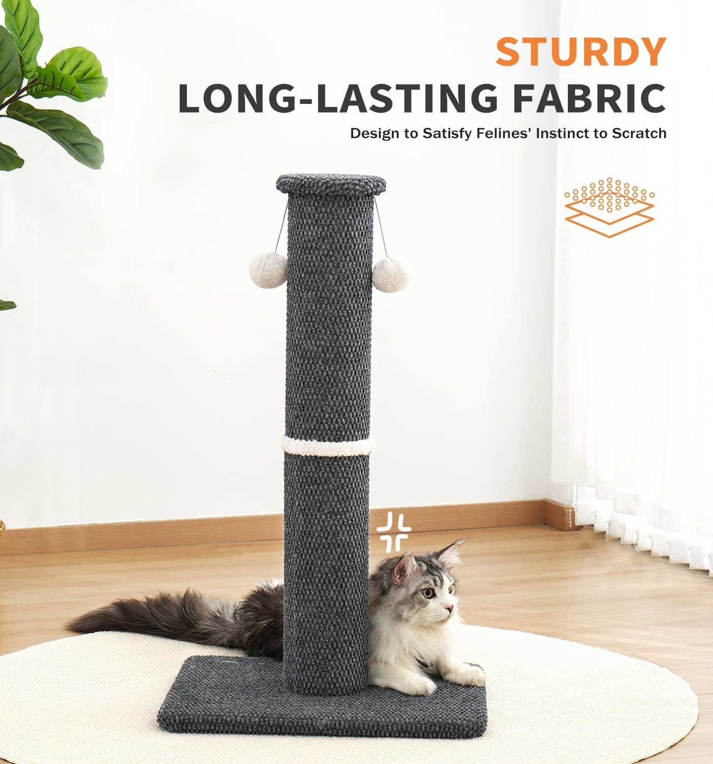 made4pets-tall-cat-scratching-post-33-modern-cat-scratcher-with-hanging-balls-heavy-duty-and-thicker-scratching-post-for-indoor-cats-adults-sturdy-base-cat-scratch-post-dark-grey