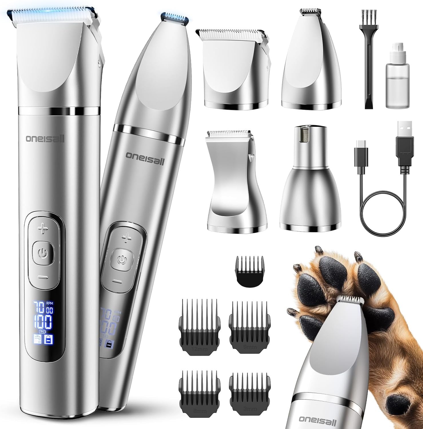 oneisall-4-in-1-dog-grooming-kit-with-lcd-display-paw-hair-trimmer-nail-grinder-rechargeable-cordless-low-noise-ipx7-waterproof-3-speeds-pet-grooming-clippers