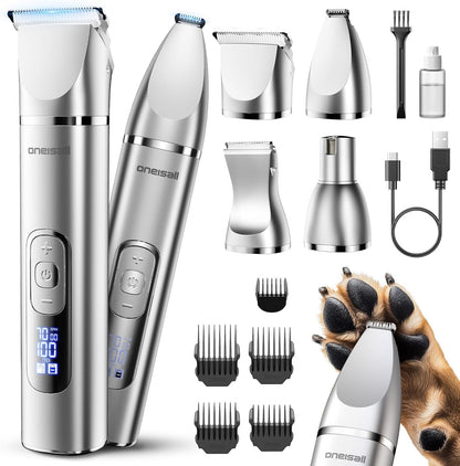 Oneisall 4 in 1 Dog Grooming Kit with LCD Display | Paw Hair Trimmer & Nail Grinder, Rechargeable, Cordless, Low Noise, IPX7 Waterproof, 3 Speeds Pet Grooming Clippers1