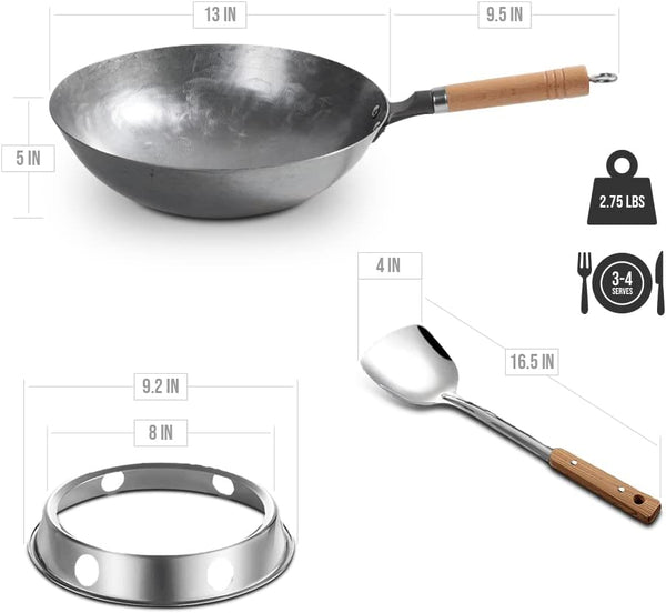 Carbon Steel Wok Pan, Stir Fry Pans, 13 Inch Wok Pan with Support Ring and Spatula, Nonstick Woks and Stir-Fry Pans, No Chemical Coated round Bottom Chinese Wok for Electric, Gas, All Stoves2