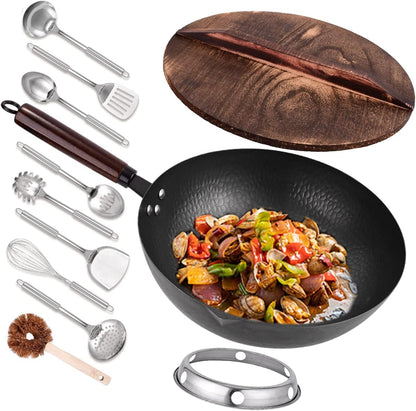 12.8" Carbon Steel Wok,11 Pcs Woks & Stir Fry Pans Wok Pan with Lid | Pre-Seasoned No Chemical Coated Chinese Pan with 10 Cookware Accessories, Flat Bottom Woks for Electric, Induction,Gas Stoves1
