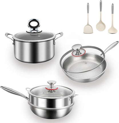 Titanium Pans Set for Cooking, Titanium Frying Pan & Titanium Soup Pot and Titanium Wok with Steamer, Non-Toxic Titanium Hammered Pro Skillet, PFAS/PFOA/PTFE Free Cookware, Dishwasher&Oven Safe1