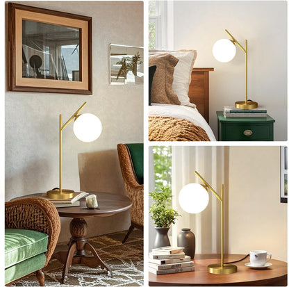 Mid Century Modern Table Lamp, 1 Light Brass Glass Globe Bedside Lamp, Contemporary Metal Table Lamp with Milky White Glass Shadefor Bedroom Living Room Study Room5