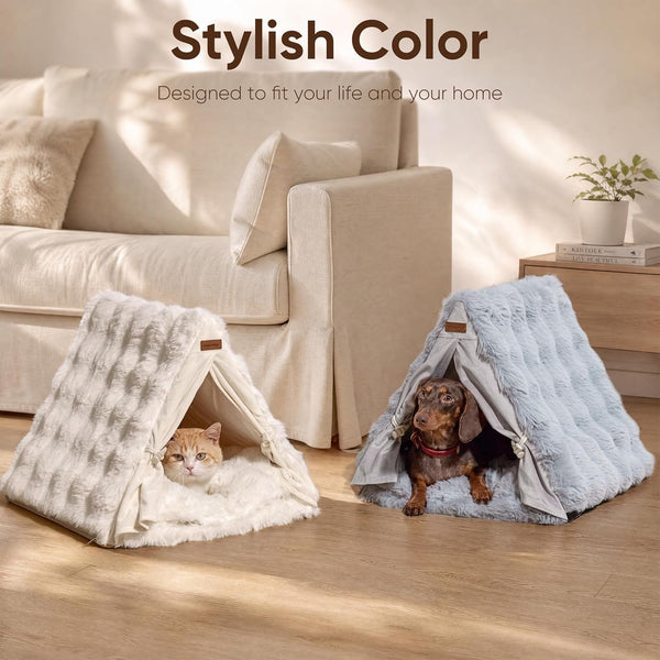 FUKUMARU Cat Cave Bed, Sturdy Frame Washable Cat Tent Bed with Curtain | Semi-Enclosed Cat Hideaway for Anxious Cats, Large Cozy Cat House for Indoor Cats, Soft Plush Covered Dog Bed, Cream8