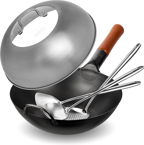 Carbon Steel Wok Pan – 11,8 “ Woks and Stir Fry Pans + Wok Lid 11.4 in - Premium Stainless Wok Cover with Tempered Glass 17" Wok Spatula and Ladle Skimmer Spoon1