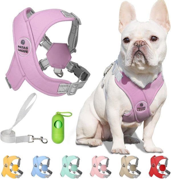 Patas Lague Dog Harness with Leash Set Adjustable Soft Padded Step-In Dog Vest No Choke No Pull Reflective for Small Medium Pets with Poop Bags and Dispenser, Solid and No-Chew, Pink M13