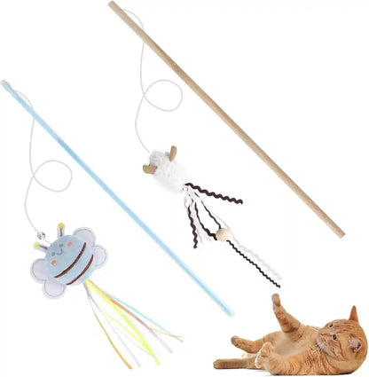 NOWFRESH Cat Wand Toy Set, 2 PCS Interactive Cat Teaser Wands with Cute Bee & Mouse Designs, Equipped with Bells and Streamers to Captivate Your Cat’S Attention1