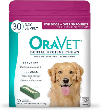ORAVET Dental Chews for Dogs, Oral Care and Hygiene Chews (Large Dogs, over 50 Lbs.) Pink Pouch, 30 Count (Pack of 1) | Vohc-Accepted Dual-Action Chew Reduces Plaque & Tartar, Freshens Breath Barrier Vet-Recommended Pink Pack1