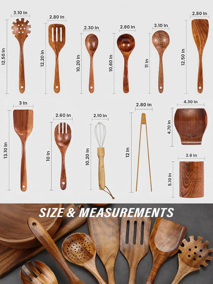 Kitchen Utensils Set, 12 Piece Teak Wooden Utensil Set for Cooking, Premium Teak Cooking Utensils, Non Toxic Wooden Spoons & Spatulas, Heat Resistant Kitchen Tools for Nonstick Cookware4