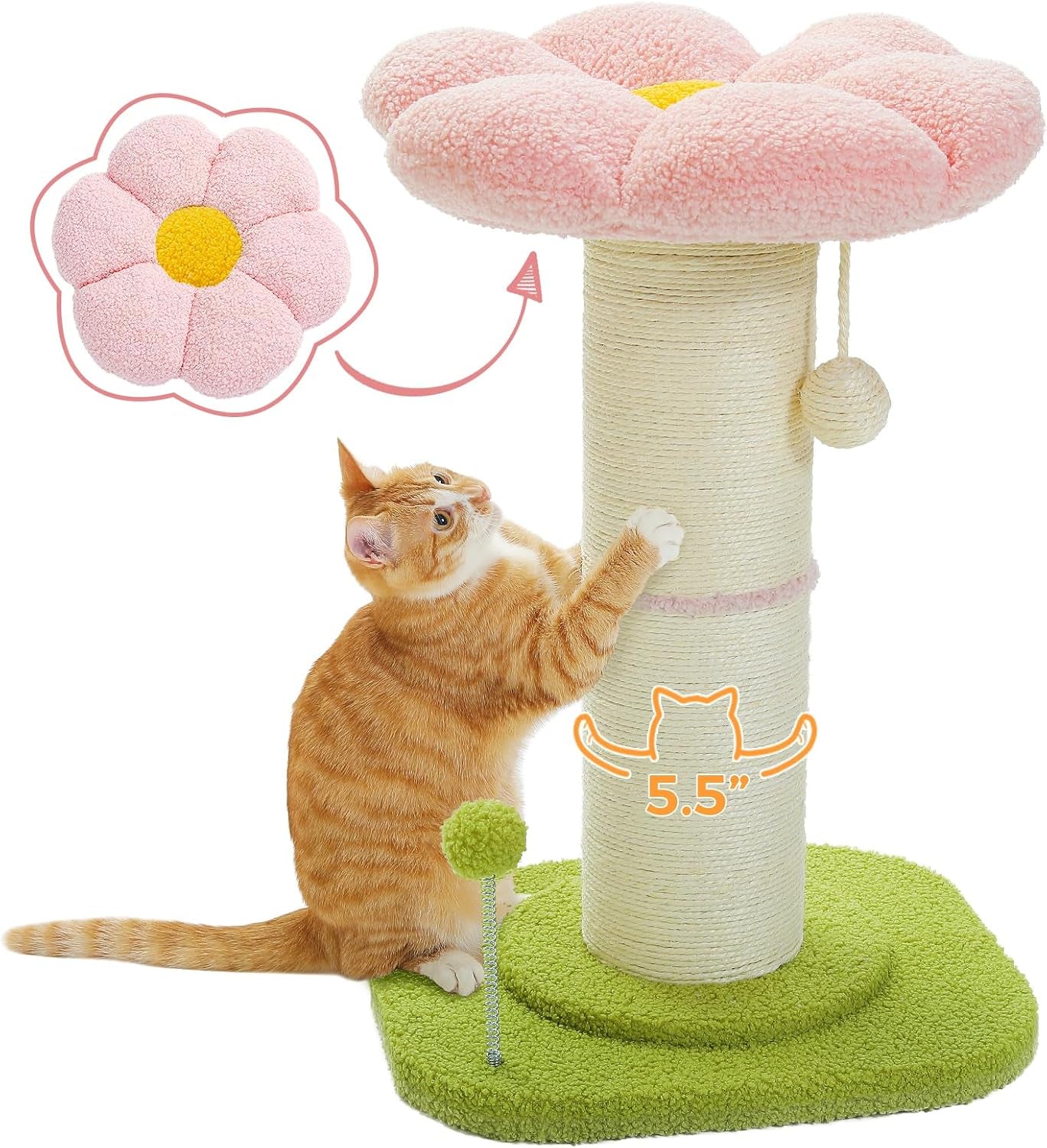 pequlti-flower-cat-scratching-post-super-thick-5-5in-sisal-post-pink-small-cat-kitten-scratcher-removable-flower-bed-sisal-spring-ball-enlarged-double-base-cute-pink-flower-cat-tree