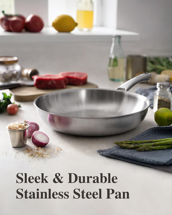 Stainless Steel Pan, 12 Inch with Lid Stainless Steel Frying Pan, Non Toxic Tri-Ply Skillet, PFOA&PTFE Free, Oven and Dishwasher Safe, Induction Compatible2