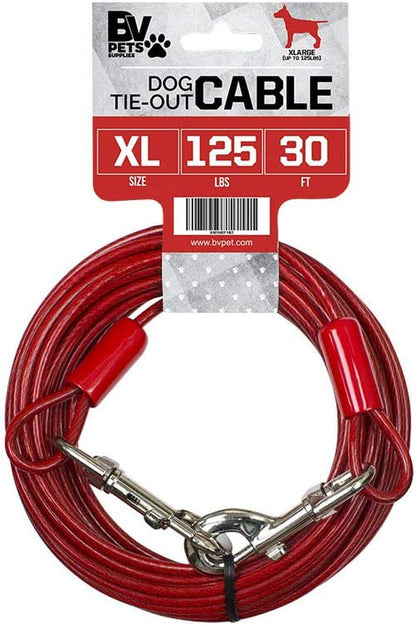 BV Dog Tie Out Cable 30 Feet - Heavy Duty Dog Lead up to 125 Pounds - Reflective & Rust-Free with Quick Release Swivel Clips & 360° Rotating Clasp - Tangle-Free Dogs Runner for Yard (Red, Single)1