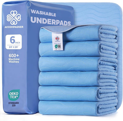 Accompagner Incontinence Bed Pads Washable Waterproof, Ultra-Absorbent Reusable Underpads for Diaper Changing, Nursing, Bedridden, Adults, Seniors, Kids and Dogs (Blue, 24"X24"(Pack of 6))1