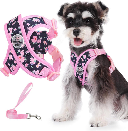 Patas Lague Dog Harness with Leash Set Adjustable Soft Padded Step-In Dog Vest No Choke No Pull Reflective for Small Medium Pets with Poop Bags and Dispenser, Solid and No-Chew, Pink M7