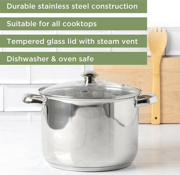 Stainless Steel Stock Pot, Encapsulated Induction Ready Cooking Pot with Glass Lid, Oven Safe, Dishwasher Safe Soup Pot, 8-Quart2